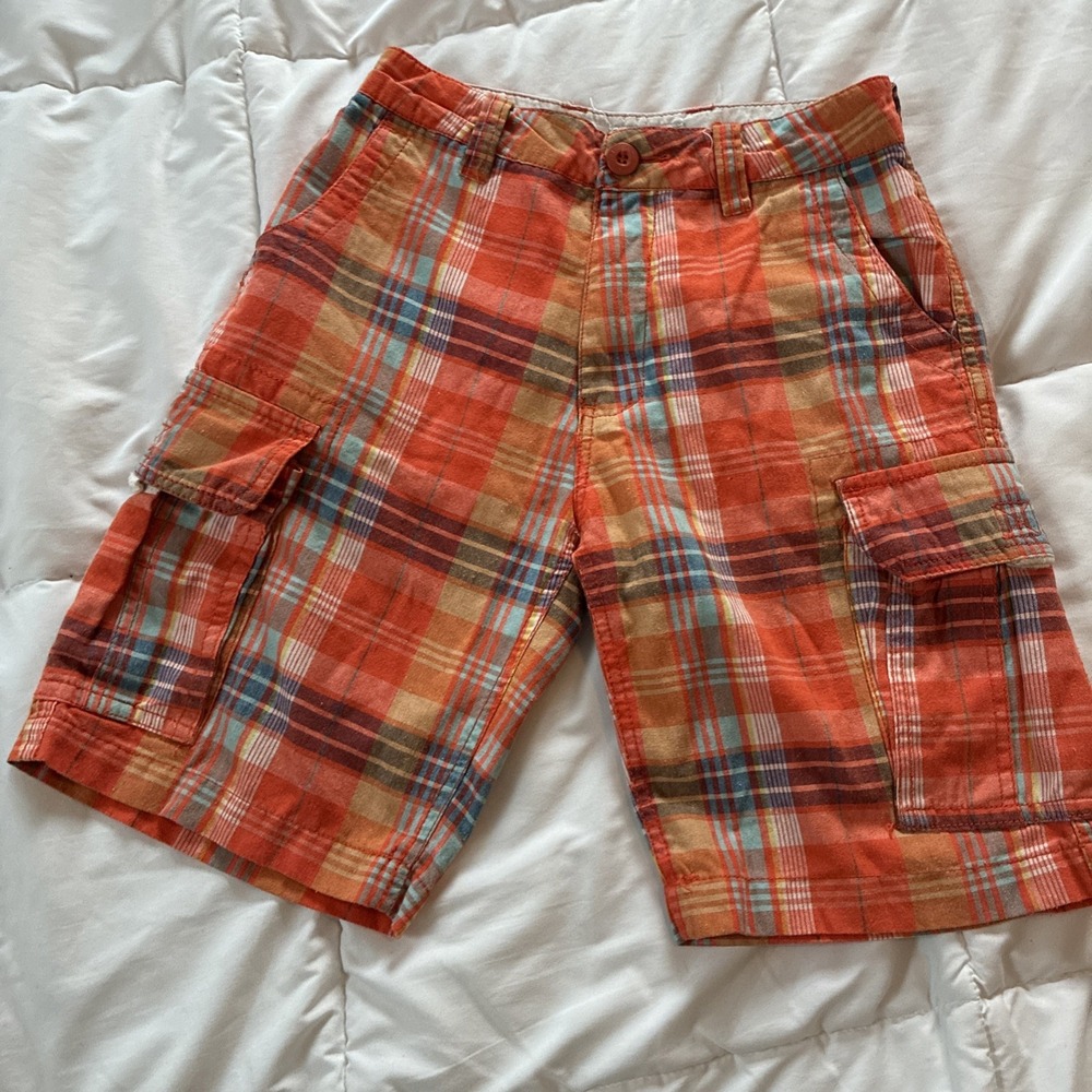 VTG Y2K OTB Sz 10 Youth Madras Orange Plaid Skater Cargo Shorts One Tough Brand